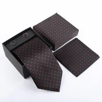 HOOYI 2019 kaklo kaklaraištis nustatyti vyrų verslo necktie rankogalių segtukai Nosinė vestuvių Dot Juodos spalvos dovanų dėžutė šalies Kišenėje aikštėje