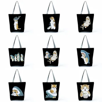 Moterų Pečių Maišą Nešiojamų Kelionių Nešti Maišą Ekologinio Daugkartinio naudojimo kelioninį krepšį Ryklys Kostiumas Animacinių filmų Spausdinti Gyvūnų Katė Spausdinti Ponios Shopper Bag