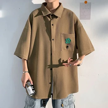 Pliurpalas Marškinėliai Vyrams Vasaros Vientisos Spalvos Pledas Negabaritinių Palaidinė Aukštos Kokybės Korėjos Stiliaus Trumpomis Rankovėmis Marškiniai Prabangių Drabužių