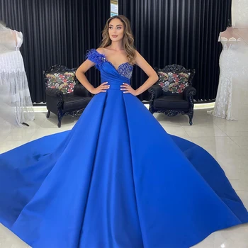 Vienos Pečių Kristalai Royal Blue Kamuolys Chalatai Promenadzie Suknelė Koplyčia Traukinys Ilgą Vakarinę Suknelę Vestidos Elegantes Para Mujer