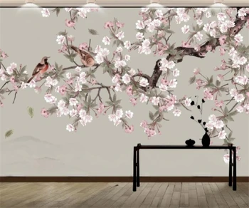 Custom tapetai, freskos Kinijos gėlės, paukščiai, slyvų žiedai, persiko žiedai, freskomis, namo apdaila, gyvenamasis kambarys, 3d tapetai