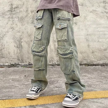 Multi-kišenės Plauti Tiesiai Atsitiktinis Baggy Jeans Kelnės Vyrams ir Moterims Harajuku Y2K Streetwear Prarasti Džinsinio audinio Kelnės Negabaritinius