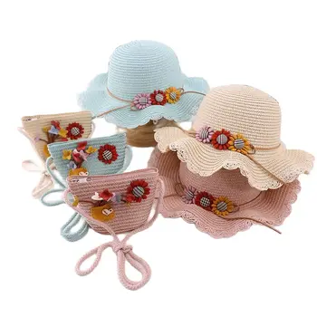 Vasaros vaikų, vaikams, kūdikių atsitiktinis paplūdimio gėlių, saulės, skrybėlės 2vnt a rinkiniai Šiaudų kepurės+ rankinės mergina hoiday šalis