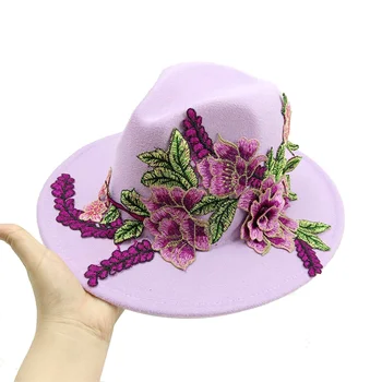 7cm 3D Išsiuvinėti Gėlių Fedora Skrybėlę Moterų Džiazo Skrybėlę Pavasarį ir Rudenį Bažnyčios Mados Elegantiškas Vestuvių Skrybėlę