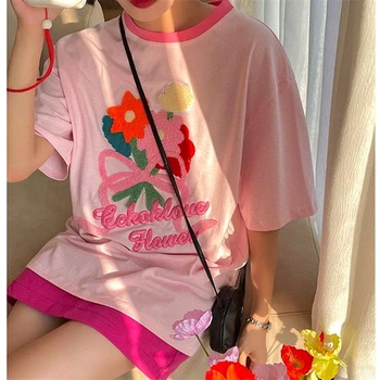 3XL Harajuku Sweet Pink Gėlių Siuvinėjimas Mielas T Shirts Paauglių Mergaičių Japonija Kawaii O-kaklo Viršūnes Medvilnės Vasaros Atsitiktinis Grafinis Tee