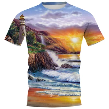 HX Havajų marškinėliai Sunset Island Švyturys Bangų 3D Grafikos T Shirts Tees Vasaros Atsitiktinis Marškinėliai Harajuku Vyrų Drabužiai.