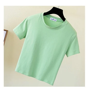 Žalia Pasėlių Top Marškinėliai Moteriška Kietas Medvilnės O-Kaklo trumpomis Rankovėmis marškinėliai Moterims Aukšto Juosmens, Plonas Trumpas Sporto Femme T-Shirt