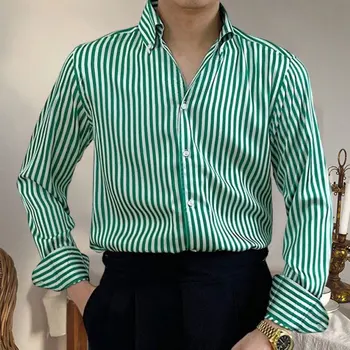2023 Italų Džentelmenas Vienas Gabalas Kaklo Dryžuotas Marškinėliai Korėjos Versija, Ne Lyginimo Juoktis Kaklo Marškinėliai, Mada, Retro Ilgomis Rankovėmis Marškinėliai