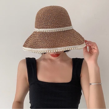 Rankų darbo šiaudų saulės skrybėlę Vasarą, skrybėlės moterims, Pearl Dizaino Kvėpuojantis Šiaudų Skrybėlę Turizmo Atostogų skydelis Paplūdimio Skrybėlę panamos skrybėlė