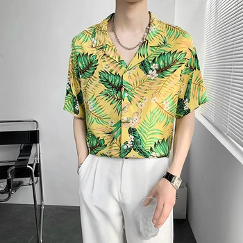Streetwear trumpomis Rankovėmis vyriški Gėlių Marškinėliai Vasaros Paplūdimys Atostogų Havajų Stiliaus V-Kaklo Ropa Hombre Gėlių Spausdinti Palaidinė Vyrų Viršūnės