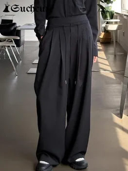 SUCHCUTE Vasaros Streetwear Atsitiktinis Moterų Pločio Kojų Kelnės korėjos Stilius Derliaus Baggy Kelnės Kietas Pagrindinė Žemo Juosmens Ziajać Kostiumas 2000-ieji