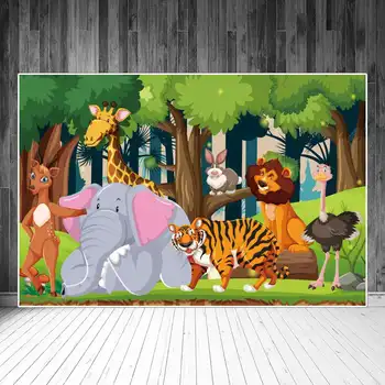 Miško Safari Šalies Backdrops Fotografijos Apdailos Džiunglių Medžiai, Gyvūnai Asmeninį Kūdikių Photobooth Nuotrauka Fone Reklama