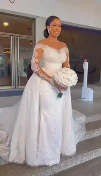 Naujas atvykimo prabanga long sleeve Lace undinė vestuvių suknelė Nuimamas nuotakos suknelė vestidos de noiva 2024