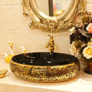 Luxious Aukso Žiedai Ovalo Formos Porceliano Stalviršio, Vonios Kriaukle