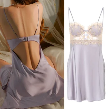 Seksualus Ledo Šilko Nightdress Moterų Nėriniai Pižamą Tuščiaviduriai Beautyback Vakarinę Suknelę Moteris Elegantiška, Naktiniai Drabužiai Suspender Sleepwear