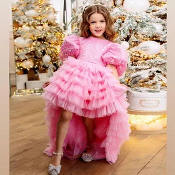 Naujas Rožinės Spalvos Trumpomis Rankovėmis Prom Inscenizacija Suknelė Sequind Skirtingų Gėlių Mergaičių Suknelės Scoop Kalėdų Princesė Suknelė