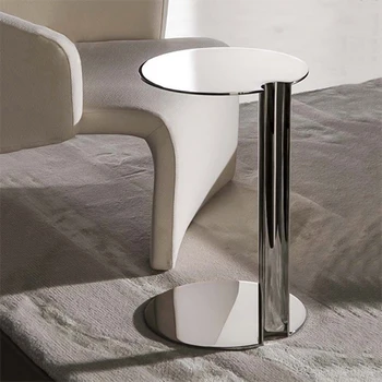 italijos minimalistinis mažas žurnalinis staliukas modernūs, prabangūs metalo turas sidabro, nerūdijančio plieno, sofos pusėje stalo