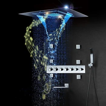 Prabangus Didelė 800×600 mm Lietaus Dušo sienelė 5 Funkcijų Dušo Sistemos Termostatiniai Vonios Maišytuvas Vonios Bakstelėkite LED Muzika Showerhead