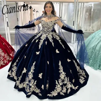 Tamsiai Mėlynos Nuo Peties Quinceanera Suknelės 2023 Blizgančių Nėrinių Kamuolys Suknelė Saldus 16 Princesė Dress Gala Vestido De Anos 15