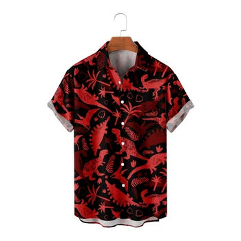 Havajų Marškinėliai Vyrams Raudona Dinozaurai Spausdinti Trumpos Rankovės, Juodos spalvos Marškinėliai Cool Vasaros Viršūnes Derliaus Kvėpuojantis