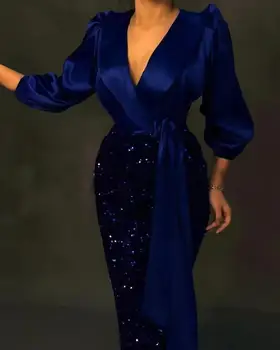 Sparkly Royal Blue Blizgančiais Undinė Vakaro Suknelės V Kaklo Ilgio Sluoksniuotos Rankovėmis Moterims Oficialią Šalies Prom Chalatai 2023